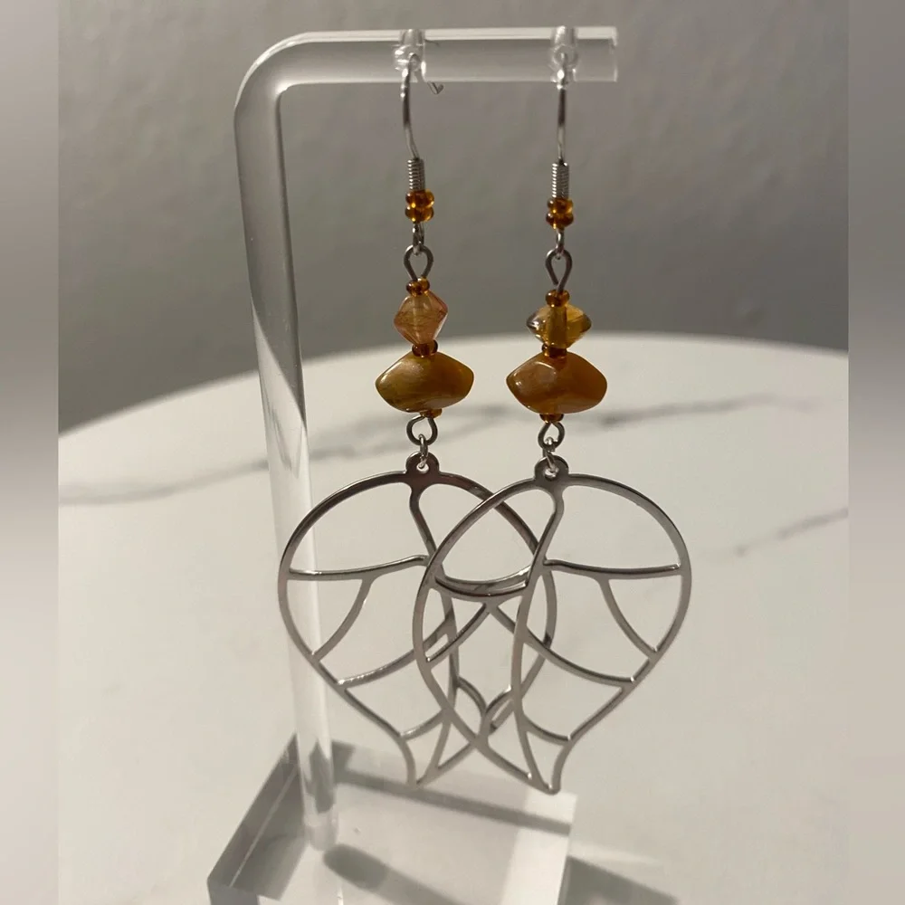 Amber and Glass Leaf Earrings - Picture 4 of 7